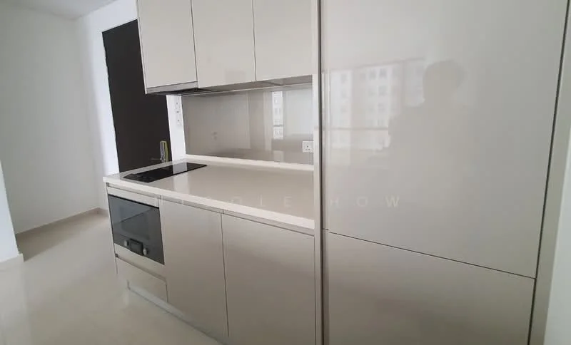 Kitchen features: glossy grey cabinetry, white quartz countertop, built-in oven, stainless-steel sink, chrome pull-down faucet, ceramic tile flooring, backlit mirror, integrated refrigerator, flat-panel cabinet doors, under-cabinet lighting; style: modern.