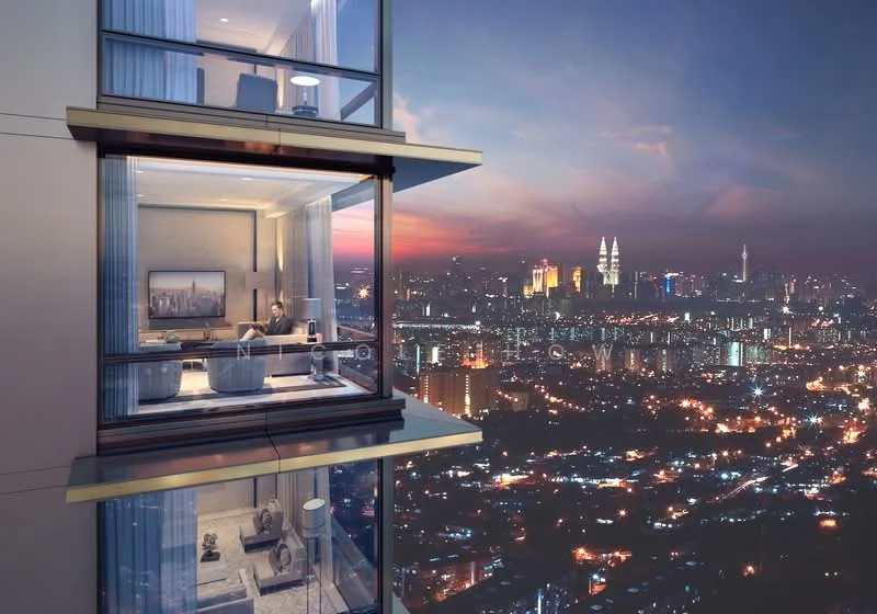 Living features: floor-to-ceiling windows, city skyline view, modern furniture, sofa, coffee table, decorative artwork, lamps, area rug; style: modern; view: city.
