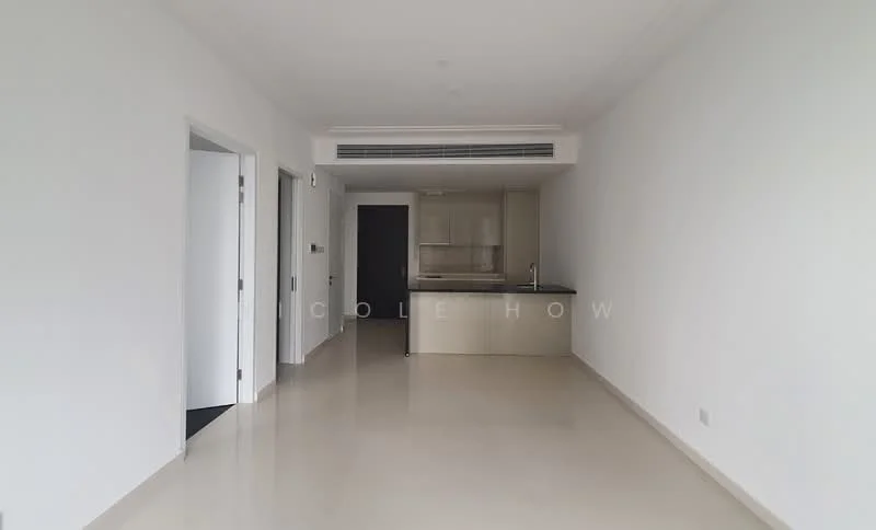 Living features: white painted walls, glossy tile flooring, recessed downlights, air conditioning unit, open layout to kitchen, large entry door, neutral color scheme, no visible furniture; style: modern. Kitchen features: kitchen cabinetry, black countertop, built-in kitchen appliances, open layout to living area; style: modern.