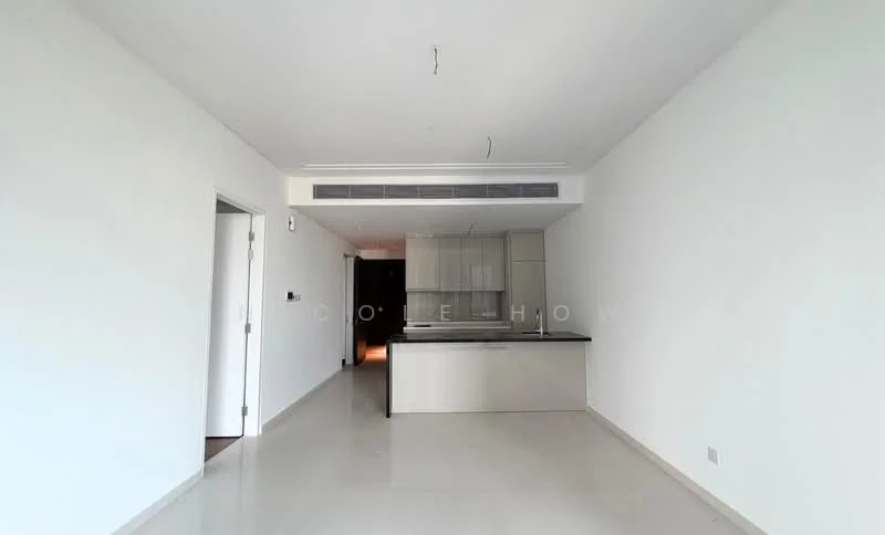 Kitchen features: white painted walls, polished concrete flooring, recessed downlights, kitchen island with black countertop, built-in cabinetry, open layout, floor-to-ceiling windows, air conditioning vent; style: modern. Living features: white painted walls, polished concrete flooring, recessed downlights, open layout, floor-to-ceiling windows, air conditioning vent; style: modern.