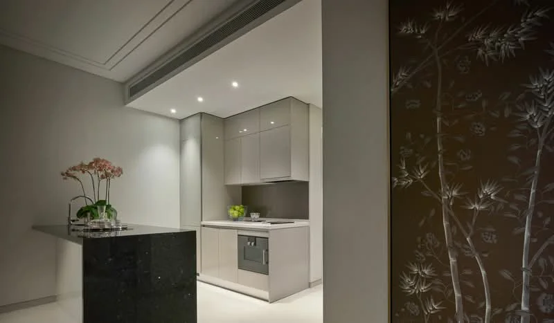 Kitchen features: modern cabinetry in light grey, black granite countertop, built-in oven, stainless-steel cooktop, recessed downlights, white walls, minimalist design, decorative wall panel with floral pattern, kitchen island, greenery in decorative bowl; style: modern.