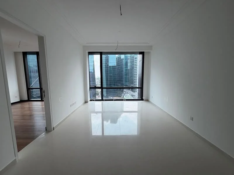 Living features: white painted walls, polished marble flooring, floor-to-ceiling windows, city view, crown moulding, recessed downlights, no visible furniture, open layout; style: modern; view: city.
