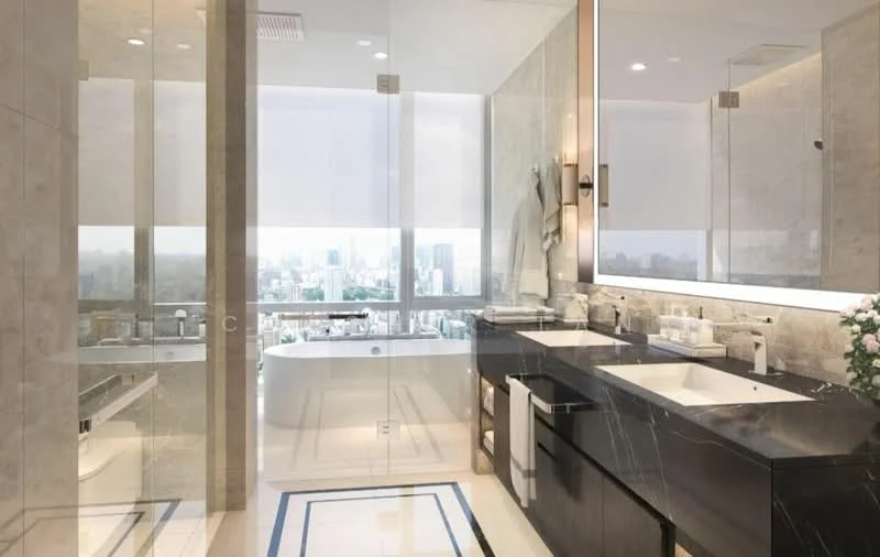 Bathroom features: double-sink vanity with black cabinetry, white quartz countertop, large mirror with integrated lighting, freestanding bathtub, glass shower enclosure, marble tile flooring, grey tiled walls, floor-to-ceiling windows with city view, chrome faucets, towel rack, decorative plant, white towels; style: modern; view: city.