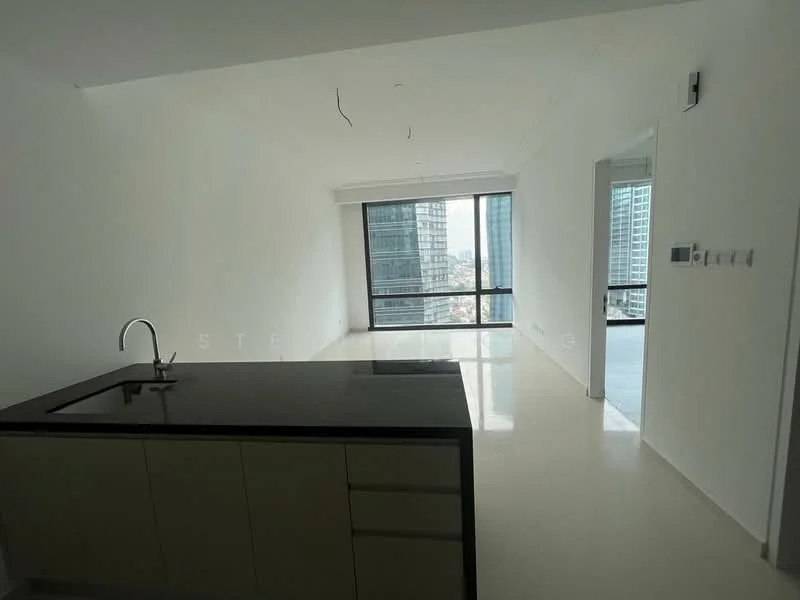 Kitchen features: black granite countertop, built-in cabinetry in light color, single-bowl stainless-steel sink, modern faucet; style: modern; view: city. Living features: white painted walls, large floor-to-ceiling windows, neutral flooring, open layout, natural light, minimalist design; style: modern; view: city.
