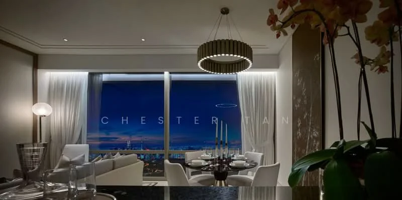 Dining features: round dining table, upholstered dining chairs, chandelier with circular design, floor-to-ceiling windows, sheer curtains, decorative plant, glassware on table, table setting with cutlery, city skyline view, dark countertop, wall with marble finish; style: modern; view: city.