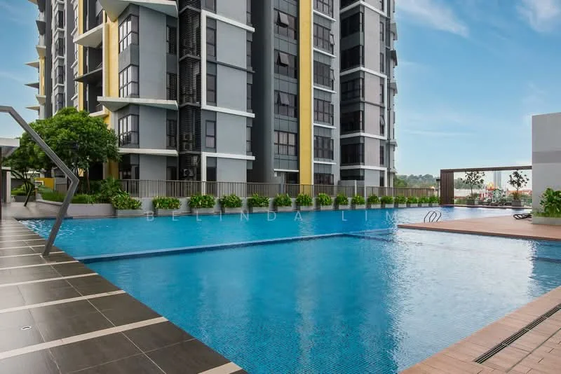 Exterior type: high-rise condominium; features: infinity pool, pool deck with loungers, landscaped garden, glass railing, modern facade with yellow accents, floor-to-ceiling windows, manicured greenery, surrounding urban context; style: modern.