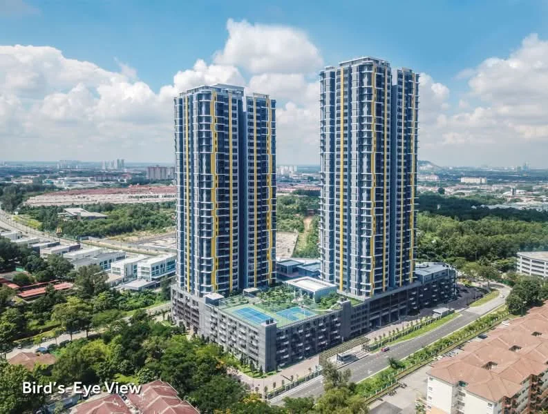 Exterior type: high-rise condominium; features: two tall residential towers, glass curtain wall, green landscaping around the base, swimming pool on the podium level, manicured lawn, surrounding urban area, parking area visible, balconies on upper floors, city skyline in background, blue sky with clouds; style: modern.