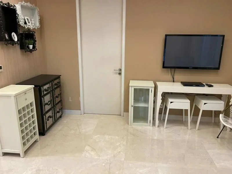 Living features: white painted walls, marble tile flooring, wall-mounted TV, white console table, black dresser with drawers, glass display cabinet, wine rack, decorative wall clock, white chair, light-colored furnishings; style: modern.