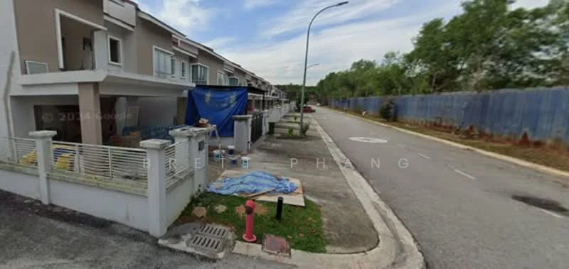 Exterior type: linked terrace house; features: two-storey linked terrace houses, white painted facade, front porch area, manicured lawn, paved walkway, street view, roadside drainage, visible utility connections, surrounded by greenery, curved road layout; style: modern.