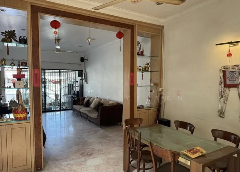 Living features: marble flooring, white painted walls, ceiling fan, sofa in brown fabric, decorative wall art, glass door leading to balcony, window with sheer curtains, decorative items on shelves; style: traditional. Dining features: wooden dining table, 4 wooden dining chairs, decorative centerpiece on table, wall-mounted decorative items; style: traditional.