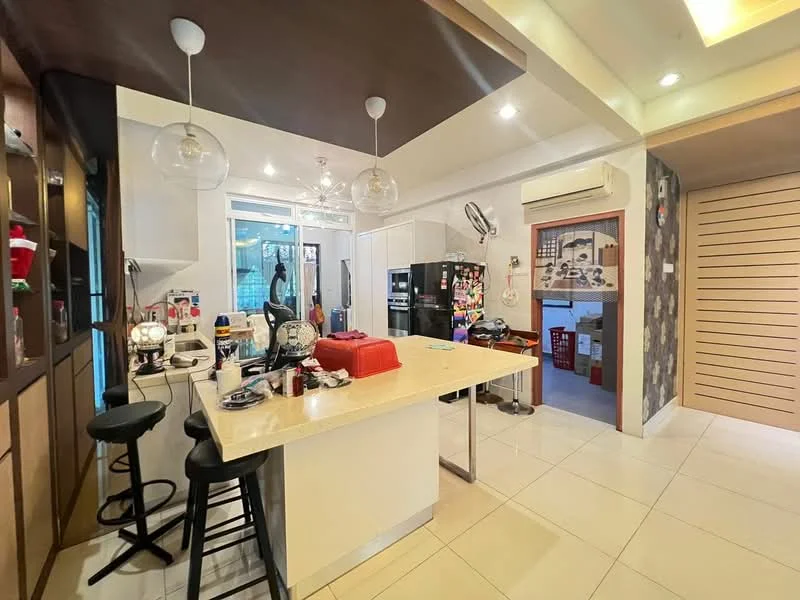 Kitchen features: island countertop with white surface, black bar stools, stainless-steel fridge, built-in oven, freestanding range oven, microwave, kitchen cabinets with glass fronts, pendant lighting, recessed downlights, white tiled flooring, wall-mounted air conditioning unit, open layout to living area; style: modern. Room features: wooden paneling on wall, sliding glass door, decorative wall with wallpaper.