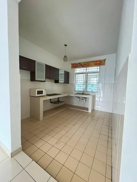 Kitchen features: white tiled flooring, cream painted walls, brown cabinetry, microwave, single-bowl stainless-steel sink, chrome faucet, countertop with breakfast bar, window with sheer curtains, light fixture, open layout; style: modern.