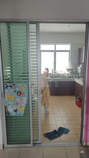 Kitchen features: sliding glass door, green vertical blinds, tile flooring, wood cabinetry, kitchen countertop, sink, kitchen appliances visible, window with natural light; style: modern.