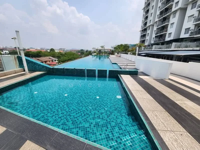 Exterior type: swimming pool deck; features: infinity pool, lap pool, tiled pool surface, pool deck with loungers, surrounding greenery, city skyline view, paved walkway, sunny weather; style: modern.