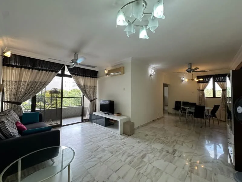 Living features: marble tile flooring, white painted walls, tray ceiling with chandelier, 5-blade ceiling fan with light, floor-to-ceiling windows, sliding glass door, blackout curtains, sofa in blue fabric, coffee table, wall-mounted TV, TV console in white, decorative cushions, area rug with geometric pattern; style: modern; view: garden. Dining features: 6-seater dining table, metal dining chairs, pendant light, open layout to living area; style: modern; view: garden.