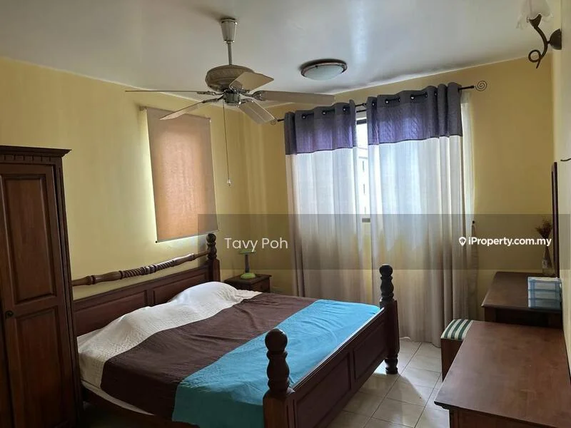 Bedroom features: queen-size bed with brown and white bedding, wooden bed frame, 2 bedside tables, ceiling fan, window with sheer curtains, light-colored walls, tile flooring, wooden wardrobe, study desk, chair; style: traditional.