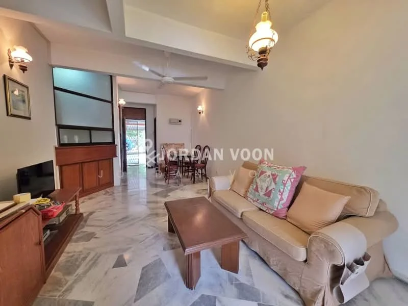 Living features: marble flooring, cream painted walls, 5-blade ceiling fan, wall-mounted TV, wooden TV console, sofa with beige upholstery, coffee table, decorative cushions, wall sconces, large window with natural light; style: contemporary.