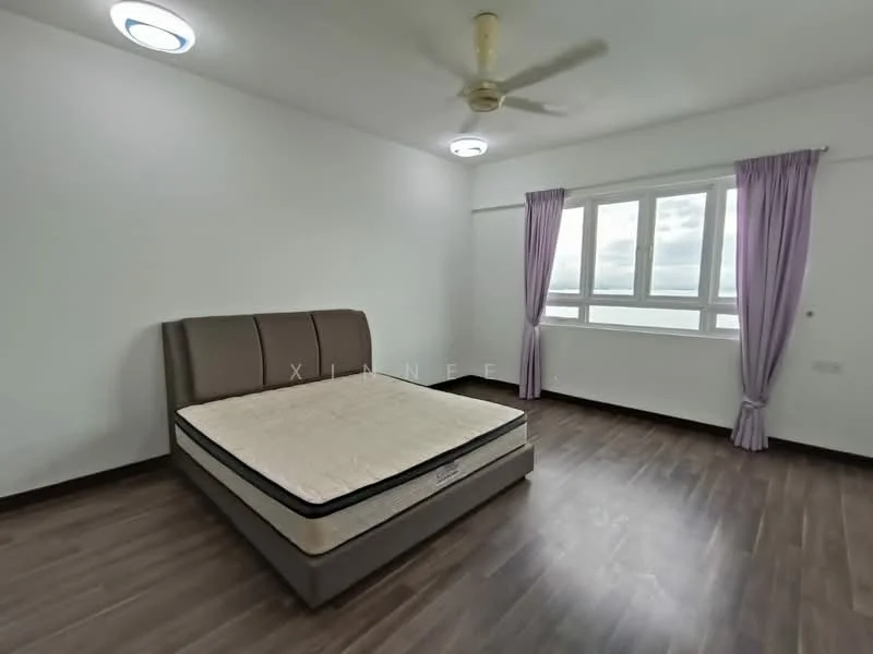 Bedroom features: queen-size bed, upholstered headboard, wooden flooring, white painted walls, ceiling fan, floor-to-ceiling windows, purple curtains, natural light, neutral color scheme; style: modern.