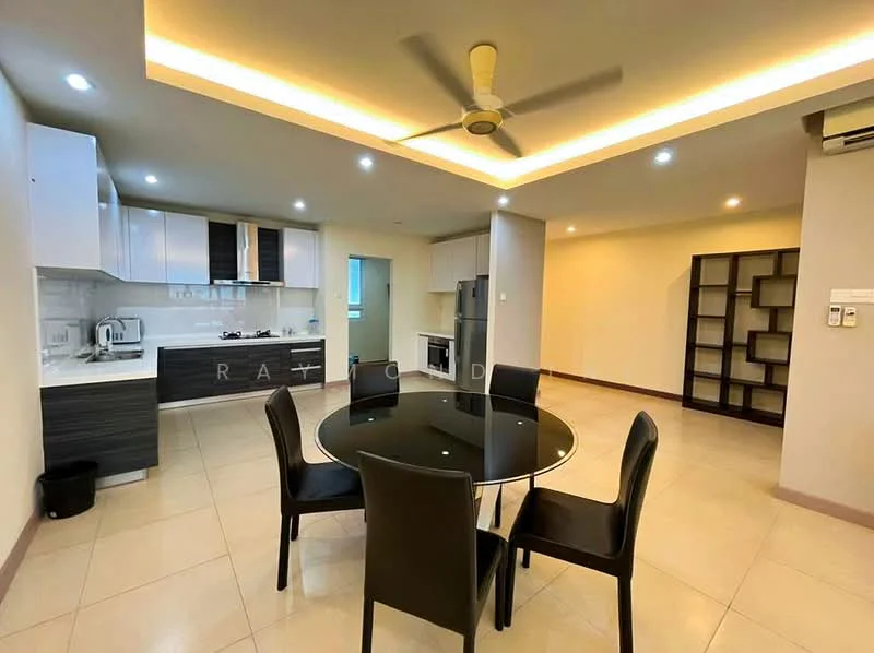 Dining features: round dining table with glass top, black dining chairs, ceiling fan with light, recessed LED downlights, white cabinetry, grey countertop, stainless-steel sink, built-in oven, stainless-steel range hood, ceramic tile flooring, wall-mounted air conditioning unit, open-plan layout with kitchen, neutral wall color; style: modern. Kitchen features: white cabinetry, grey countertop, stainless-steel sink, built-in oven, stainless-steel range hood, ceramic tile flooring; style: modern.