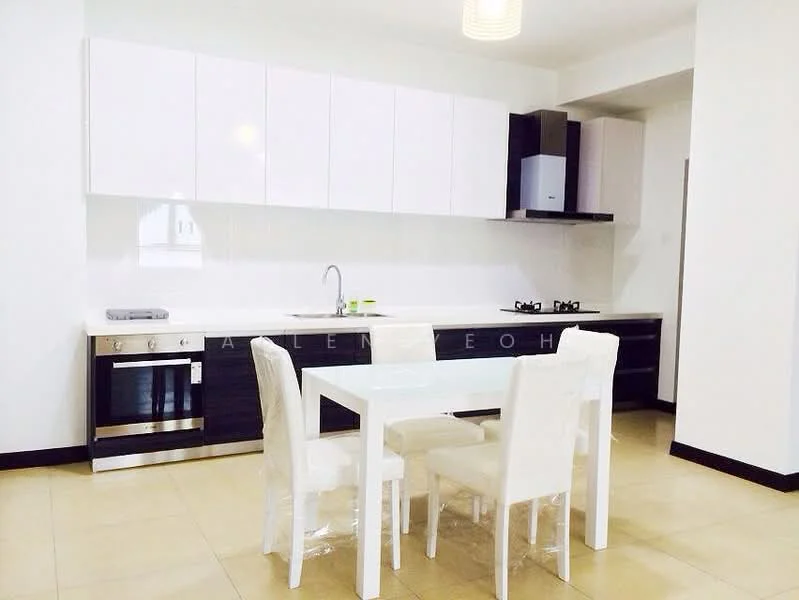 Kitchen features: white upper cabinets, black lower cabinets, stainless-steel built-in oven, stainless-steel gas hob, stainless-steel range hood, white countertop, single-bowl stainless-steel sink, chrome pull-down faucet, dining table with white surface, 4 white upholstered dining chairs, cream tile flooring, recessed downlights, pendant light; style: modern.