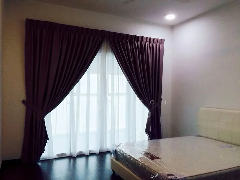 Bedroom features: queen-size bed, white upholstered headboard, floor-to-ceiling windows, sheer curtains, dark purple blackout curtains, dark wood flooring, recessed downlights, plain white walls; style: modern.