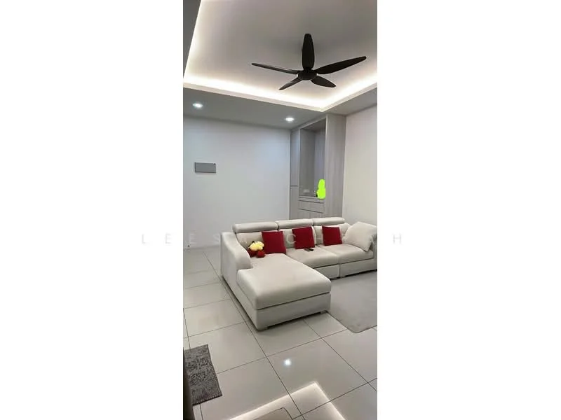 Living features: L-shape sectional sofa in white, red accent cushions, grey area rug, ceiling fan with light, recessed LED downlights, white painted walls, glossy tile flooring, built-in cabinetry, decorative plant, wall-mounted artwork; style: modern.