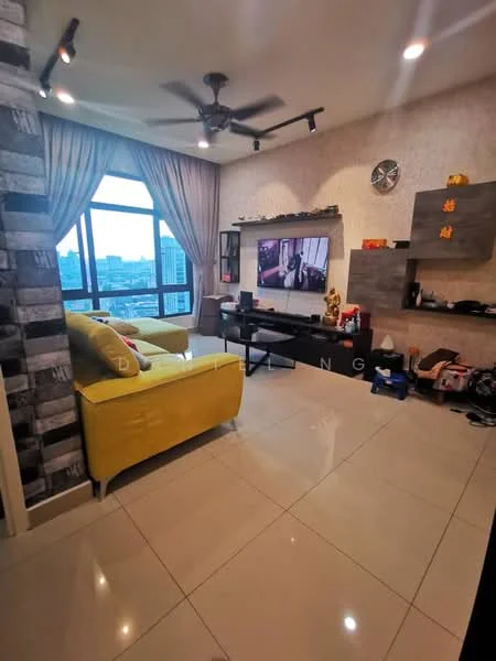 Living features: yellow fabric sofa, flat-screen TV on wall-mounted console, wall-mounted shelves, decorative items on shelves, large window with city view, curtains, ceiling fan with light, glossy tile flooring, exposed brick accent wall, decorative wall clock; style: modern; view: city.
