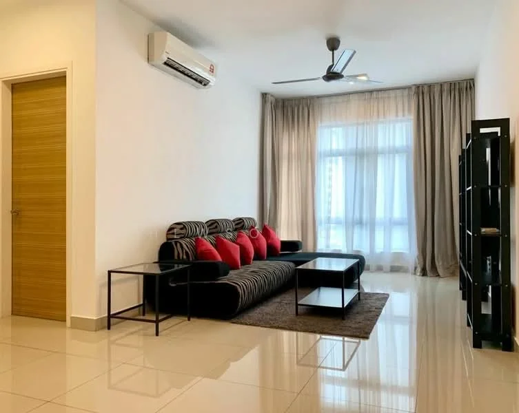 Living features: 3-seater fabric sofa with black and white stripes, red accent cushions, glass coffee table, black side table, area rug, floor-to-ceiling windows, sheer curtains, wall-mounted split AC, recessed downlights, cream painted walls, glossy tile flooring, wooden door, black shelving unit; style: modern.