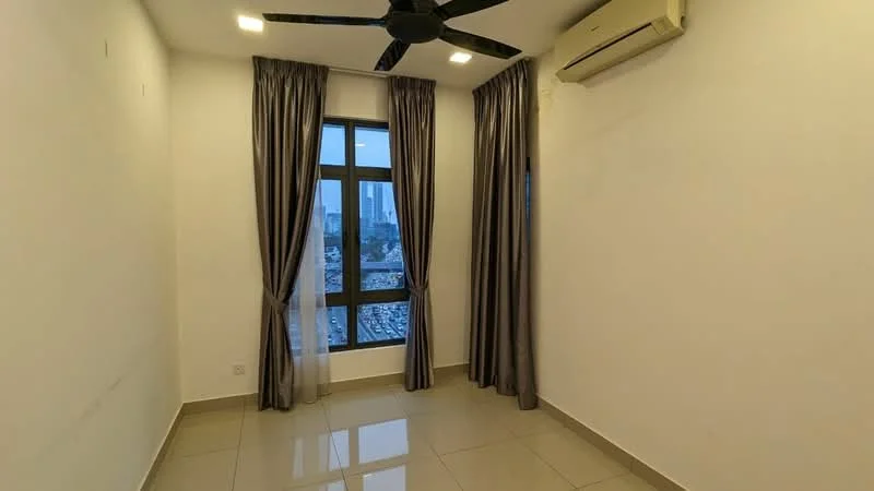 Room features: white painted walls, glossy tile flooring, 5-blade ceiling fan with light, floor-to-ceiling windows, grey curtains, wall-mounted split AC, city view; style: modern; view: city.
