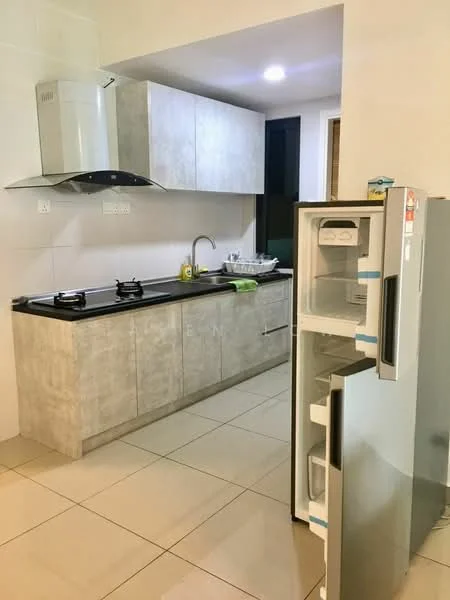 Kitchen features: grey cabinetry, black countertop, stainless-steel range hood, 2-burner gas hob, single-bowl stainless-steel sink, chrome pull-down faucet, built-in refrigerator, ceramic tile flooring, white tiled walls, recessed downlights; style: modern.