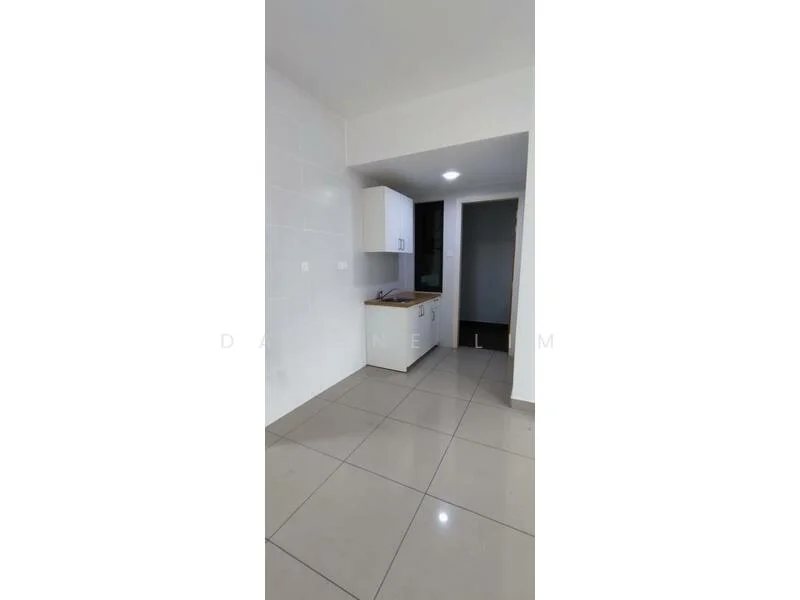 Kitchen features: white tiled walls, glossy ceramic tile flooring, white cabinetry, countertop with space for appliances, recessed ceiling lights, open layout, doorway leading to another room; style: modern.