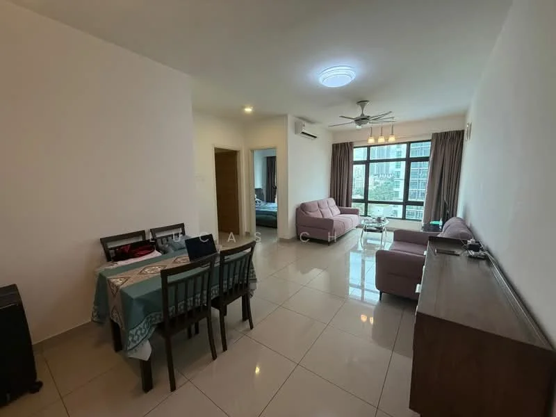 Living features: light grey walls, white ceiling, 5-blade ceiling fan with light, large window with city view, 2-seater fabric sofa in light pink, 3-seater fabric sofa in light pink, coffee table, TV console, marble tile flooring, area rug, dining table with 4 chairs; style: modern; view: city. Dining features: dining table with 4 chairs, light blue tablecloth; style: modern.