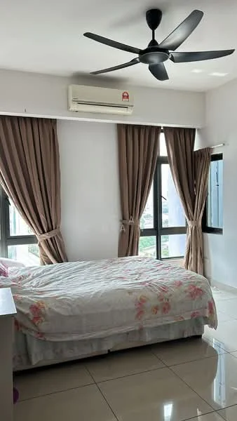 Bedroom features: queen-size bed with floral bedding, 2 floor-to-ceiling windows, brown curtains, 1 wall-mounted split AC, white painted walls, glossy tile flooring, ceiling fan with 5 blades, nightstand, decorative wall art; style: modern; view: garden.