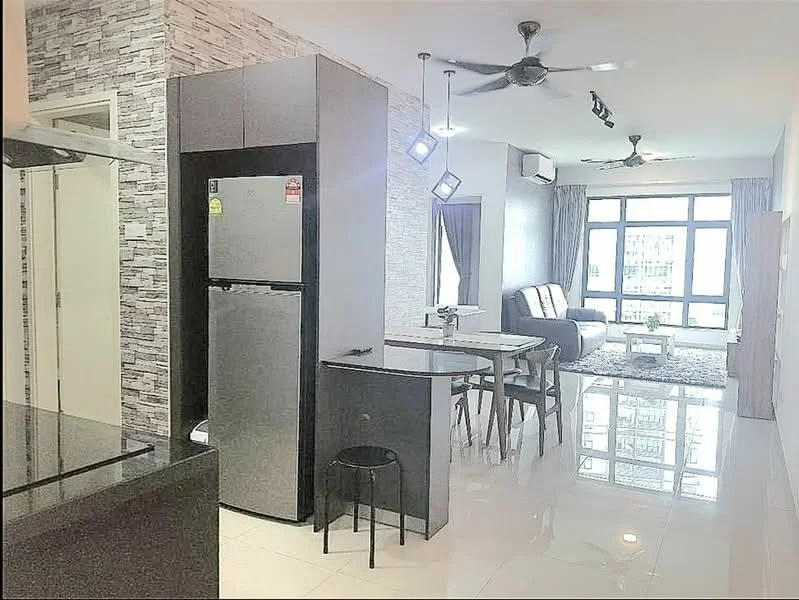 Kitchen features: black granite countertop, stainless-steel fridge, black cabinetry, open shelving, stool seating, pendant lighting; style: modern. Living features: 3-seater fabric sofa in grey, coffee table, area rug, floor-to-ceiling windows, curtains, ceiling fan, recessed downlights; style: modern; view: city.