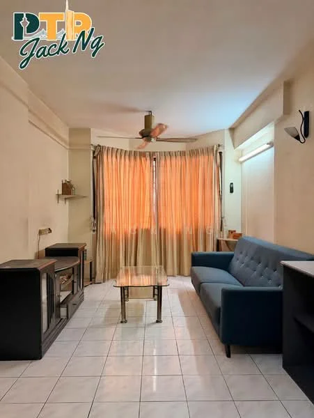 Living features: beige painted walls, white tiled flooring, 5-blade ceiling fan, large window with sheer curtains, sofa in blue fabric, glass coffee table, wooden side cabinets, wall-mounted light fixture; style: modern.