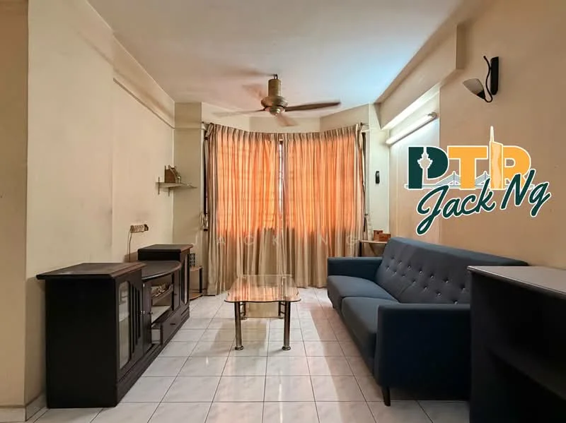 Living features: 3-seater fabric sofa in blue, glass coffee table, wooden TV console, wall-mounted light fixture, ceiling fan, curtains in beige, white tiled flooring, cream painted walls.