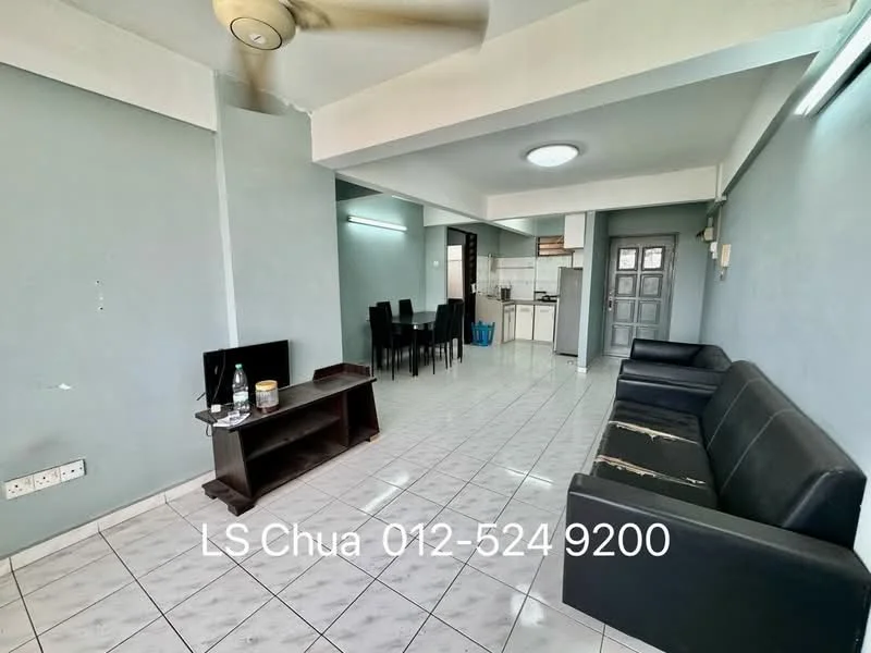 Living features: grey painted walls, white ceiling, 5-blade ceiling fan, recessed ceiling light, white tiled flooring, black leather sofa, wooden TV console, wall-mounted TV, dining area visible in background, open layout to kitchen, window with natural light; style: modern. Kitchen features: kitchen cabinetry, stainless-steel sink, built-in oven, freestanding range oven, white tiled backsplash, open layout to living area; style: modern.