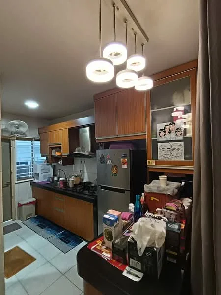 Kitchen features: wood cabinetry, black countertop, stainless-steel fridge, built-in oven, 4-burner gas hob, single-bowl stainless-steel sink, chrome pull-down faucet, pendant lighting with circular fixtures, tile flooring, open shelving, window with sheer curtains, kitchen island, decorative artwork on wall; style: modern.