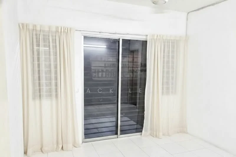 Room features: white painted walls, sliding glass door, sheer curtains, tile flooring, ceiling fan, window with grille, neutral color scheme; style: minimalist.