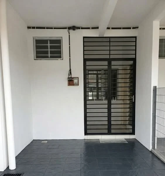 Exterior features: white painted facade, black metal grille door, sliding glass door, small window with grille, grey tiled flooring, exposed concrete ceiling, fenced area, wall-mounted utility box; style: modern.