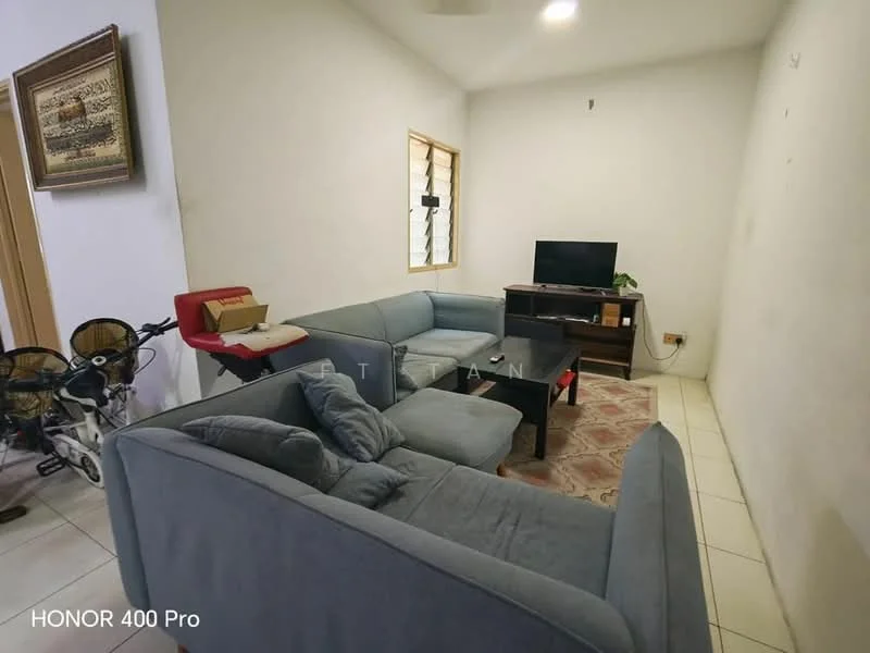 Living features: light grey fabric sectional sofa, 2-seater fabric sofa, coffee table, wall-mounted TV, TV console, area rug with floral pattern, white painted walls, tile flooring, ceiling fan, window with blinds, decorative artwork on wall; style: modern.