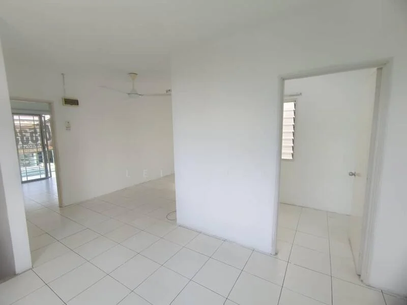 Room features: white painted walls, tile flooring, ceiling fan, window with blinds, doorway leading to another room, open layout, natural light from windows, neutral color scheme; style: modern.