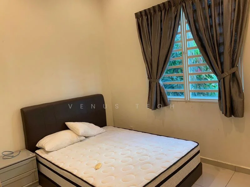 Bedroom features: queen-size bed, upholstered headboard, two white pillows, nightstand, window with horizontal slats, grey curtains, cream painted walls, tile flooring; view: garden.