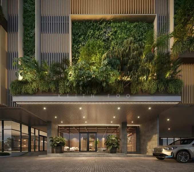 Exterior type: high-rise condominium; features: green wall with tropical plants, glass entrance doors, stone cladding at base, recessed lighting in ceiling, paved driveway, landscaped planters, modern architectural design, overhang at entrance, floor-to-ceiling windows, car parked at entrance; style: modern.