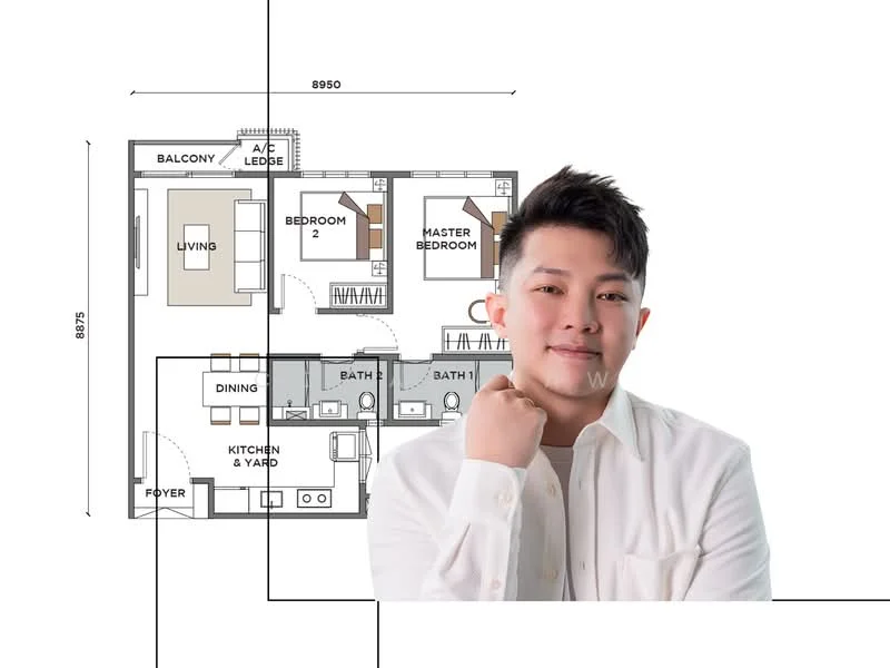 Floor plan: 3-bedroom 2-bathroom unit; features: open-plan kitchen-dining-living, master bedroom with ensuite bathroom, balcony off living room, utility room, yard area, central foyer.