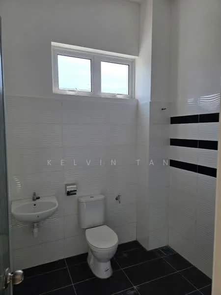 Bathroom features: white tiled walls, black accent tiles, black floor tiles, single-sink vanity, chrome basin mixer faucet, one-piece toilet, window for natural light, mirror above sink; style: modern.