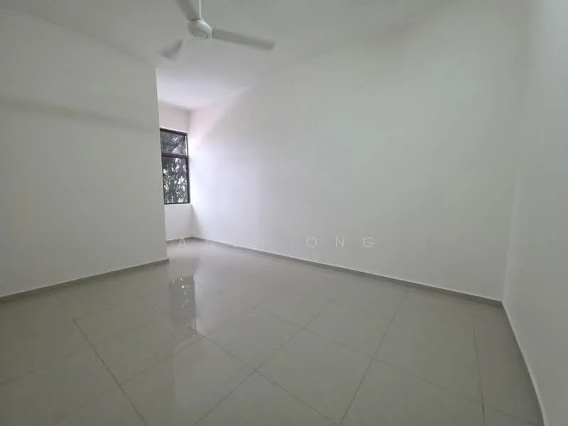 Room features: white painted walls, glossy ceramic tile flooring, ceiling fan, large window, natural light, neutral color scheme; style: minimalist; view: garden.