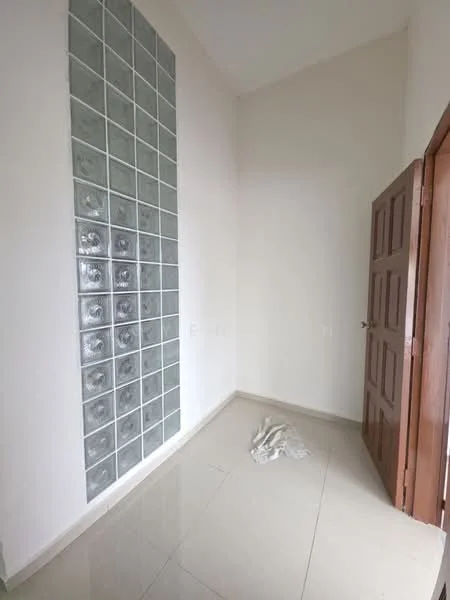Room features: glass block wall, white painted walls, light-colored tile flooring, wooden door, high ceiling, clean space with no furniture, neutral color palette; style: modern.