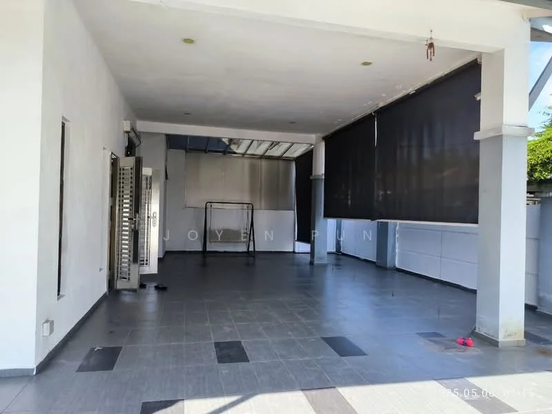 Room features: white painted walls, grey tiled flooring, black-out curtains, ceiling lights, open layout, metal frame for potential use, sliding glass door, exposed ceiling, wall-mounted fixtures; style: modern.