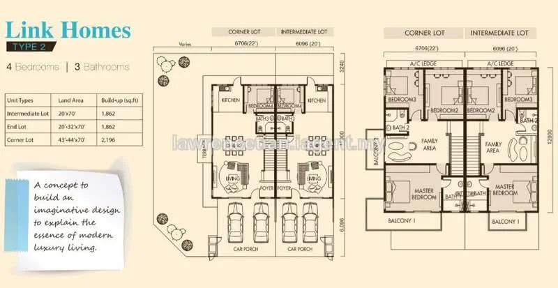 Floor plan: 4-bedroom 3-bathroom unit; features: open-plan kitchen-dining-living, master bedroom with ensuite bathroom, balcony off master, utility room, car porch for 2 cars, family area, balcony off living room, central foyer, yard area, all bedrooms with windows, study or 4th bedroom, private terrace.